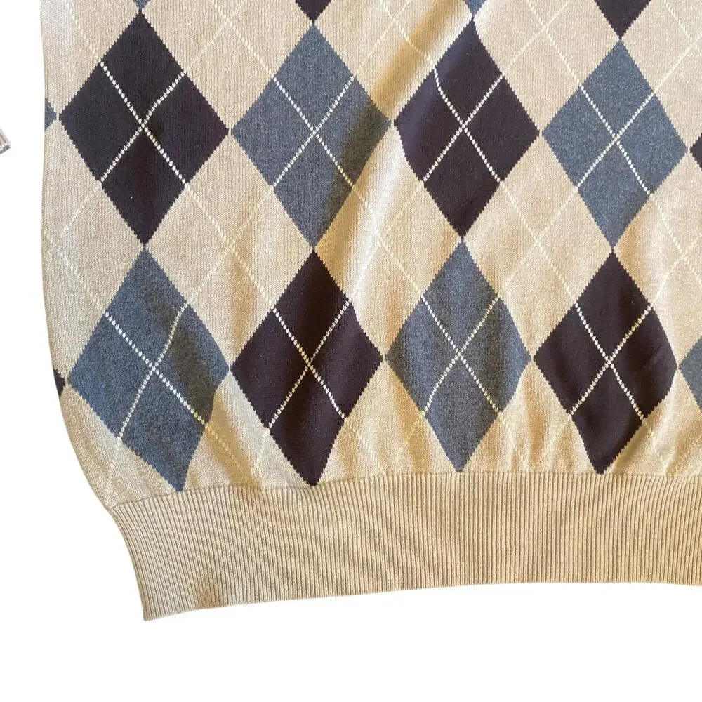 Vintage 90s Y2K Izod Diamond V-Neck Beige Sweater Size XL 100% Cotton Preppy